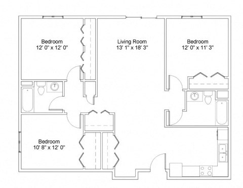 Floor plan for 3 beds, 2 baths, 1240 sqft